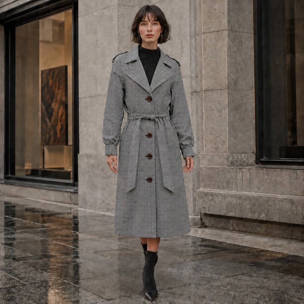 C/MEO Collective Women XS Black White Gingham Trench Coat Belted Long Jacket